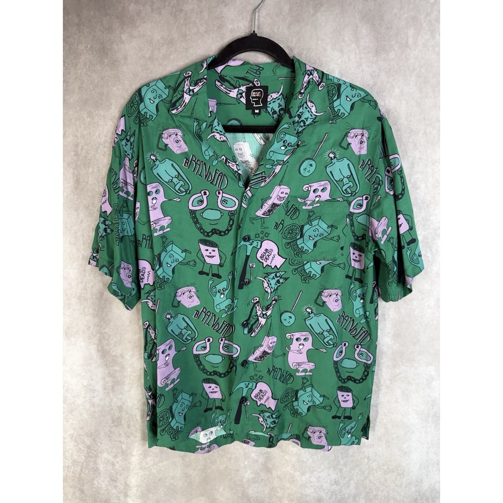Brain Dead Caricatures Hawaiian Button Down Shirt In Washed Forest Green Size M